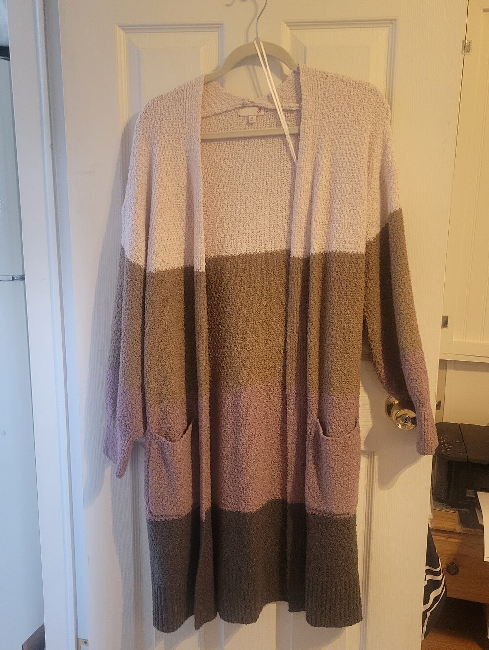 SO Long Open-Front Colorblock Cardigan in Pink, Taupe, Gray, XL